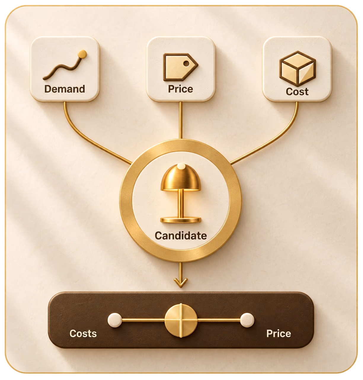 Demand, price and cost signals connect to a lamp product candidate, with costs and proposed price balanced below.