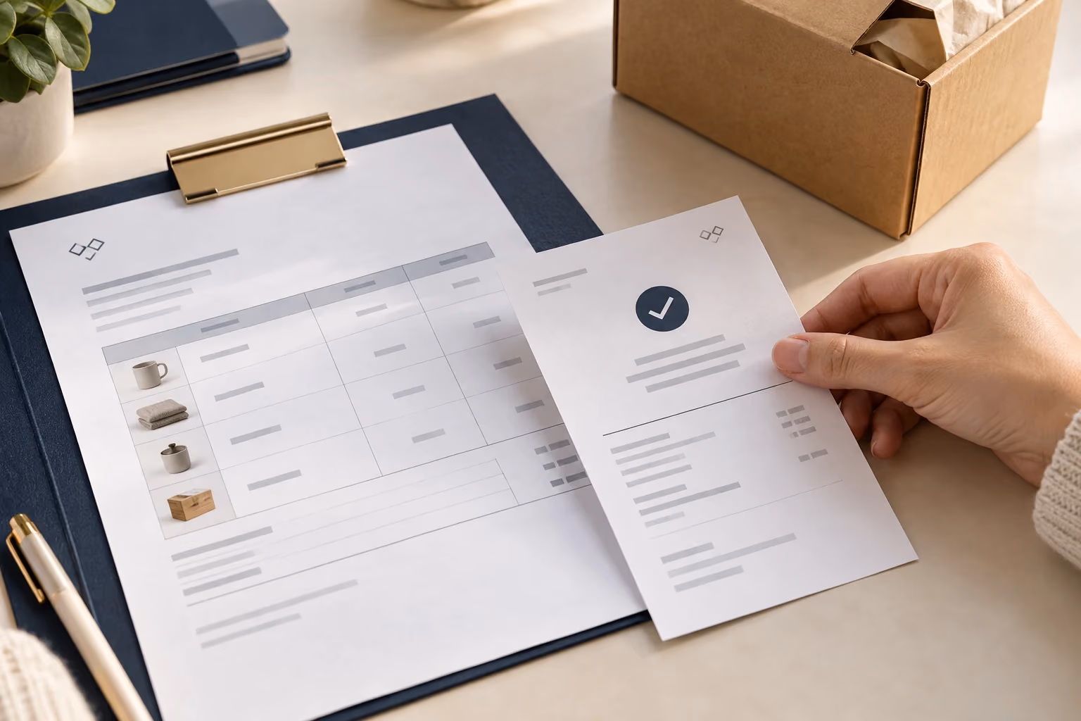 A supplier order and bank transfer document reviewed together