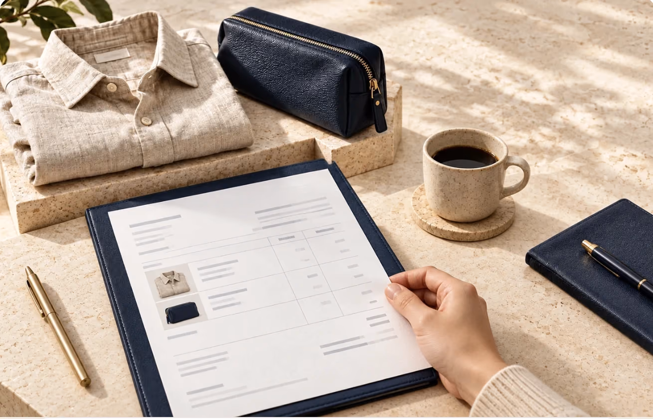 Merchant reviewing a supplier order sheet beside product samples