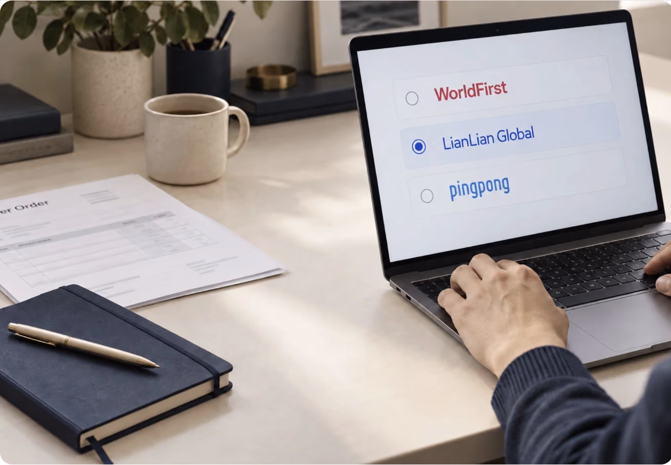 Merchant viewing WorldFirst, LianLian Global and PingPong transfer provider options on a laptop