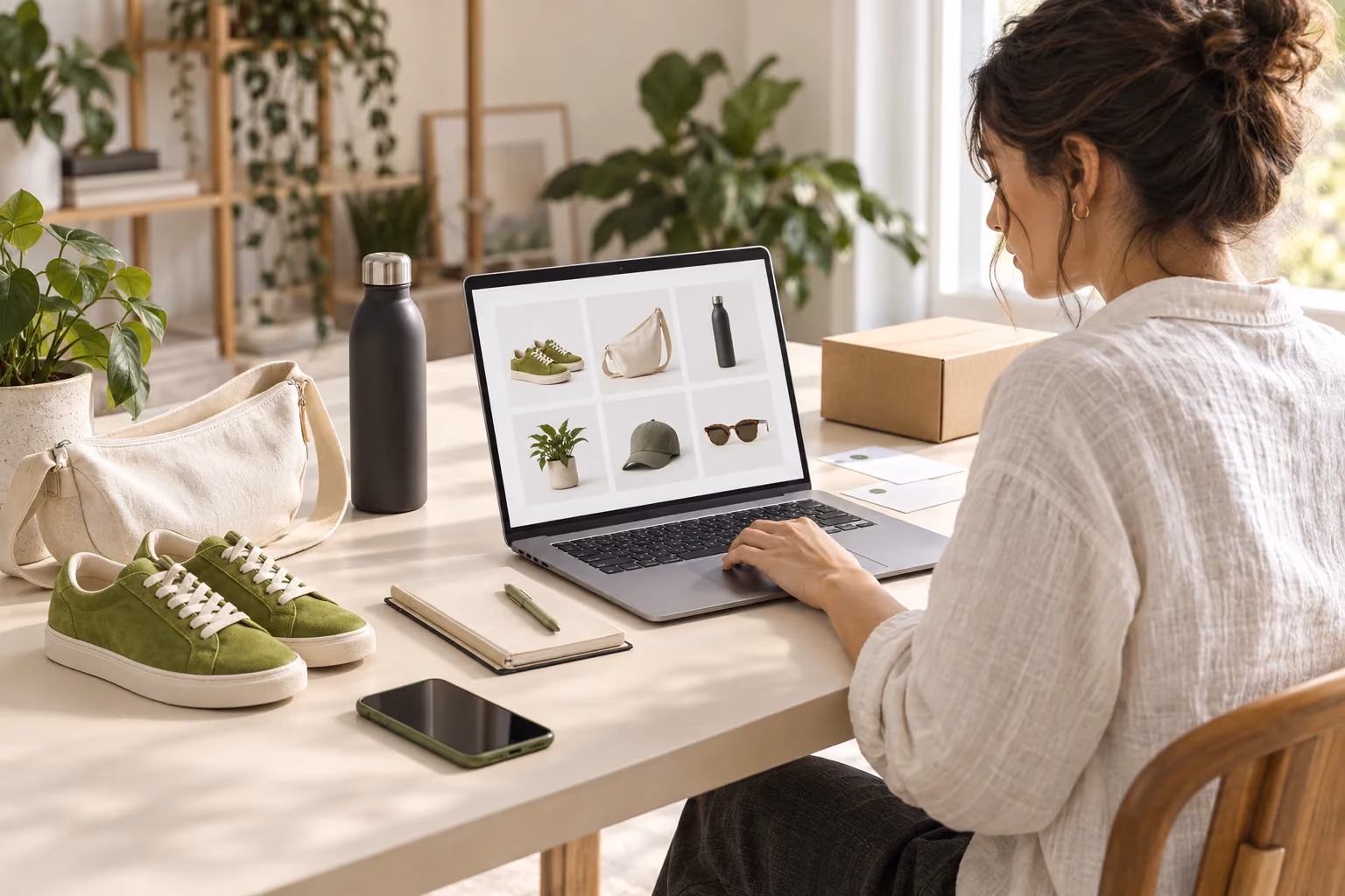 A Jumpseller merchant builds an online collection beside products and a shipping parcel