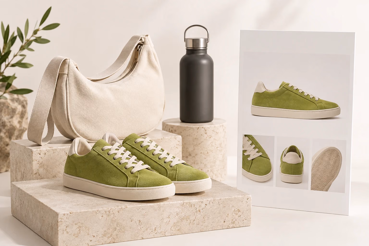 Shoes, a bag and a bottle arranged as a coordinated product collection