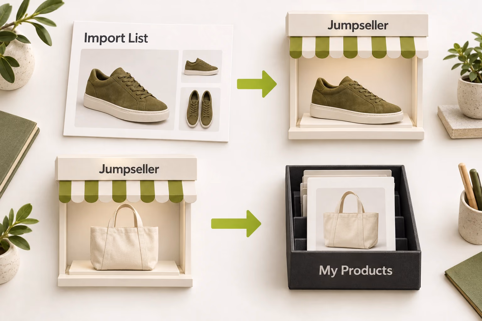 New sneaker listings move from Import List to Jumpseller, while existing bag listings move into My Products