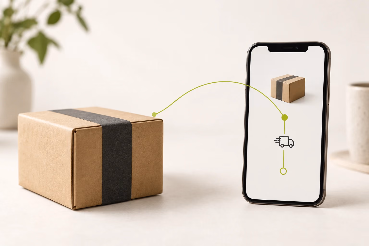 A shipped parcel connects to a shipment tracking update on a phone