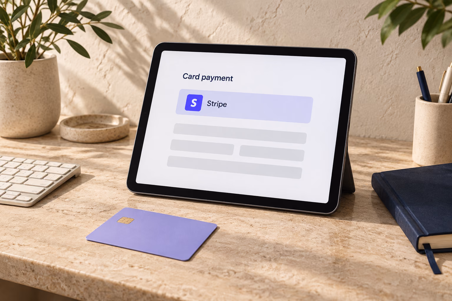 Concept Stripe card-payment screen on a tablet beside a lavender bank card on a sunlit stone desk