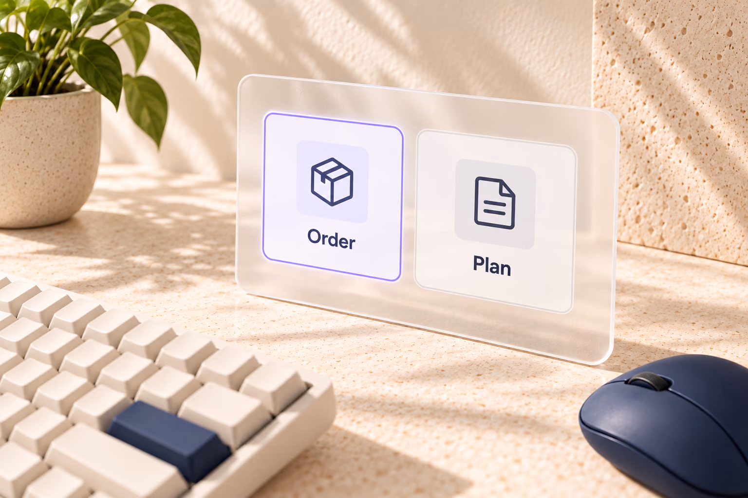 Concept interface showing Order and Plan tiles, with Order highlighted