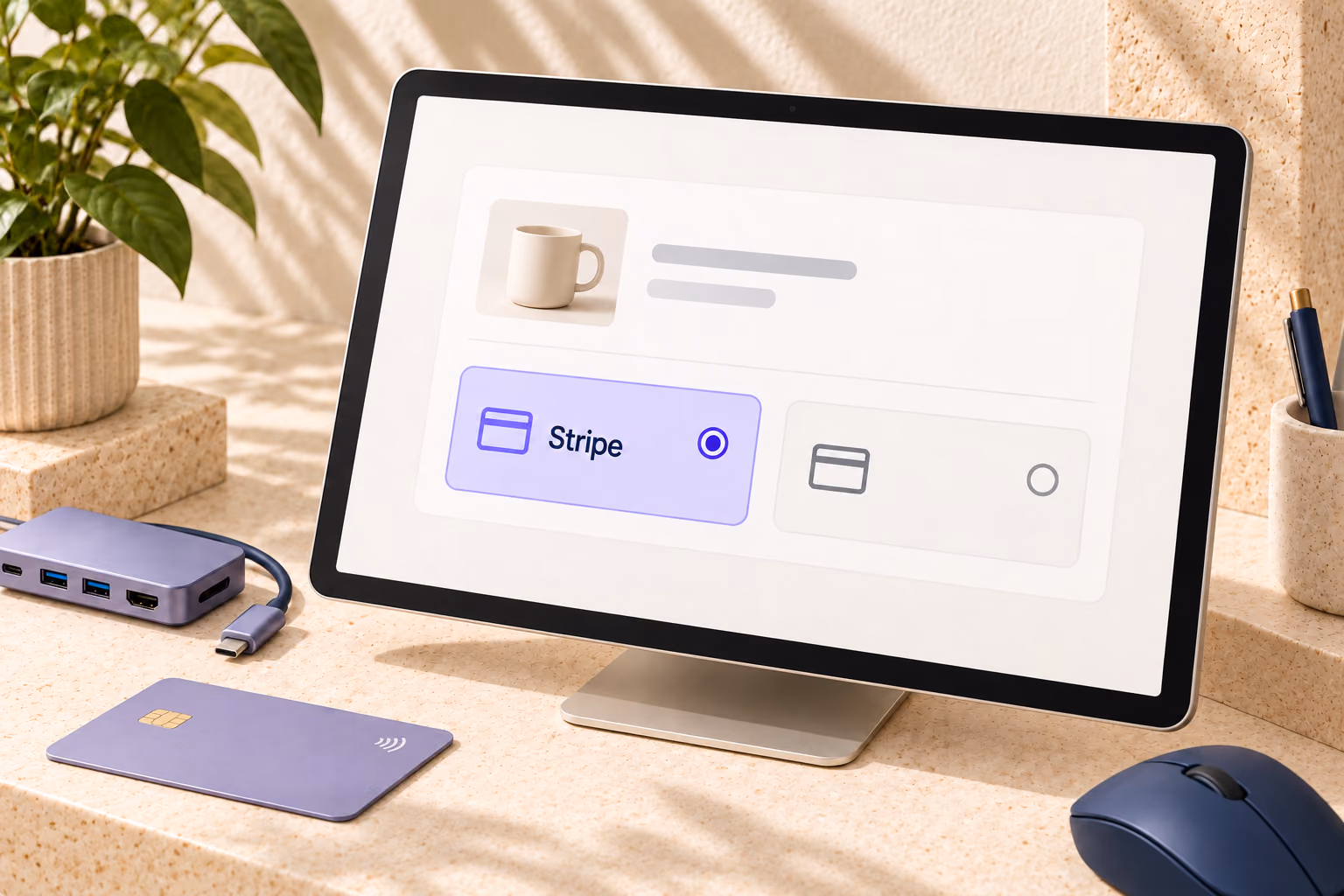 Concept payment panel on a desktop display with Stripe selected
