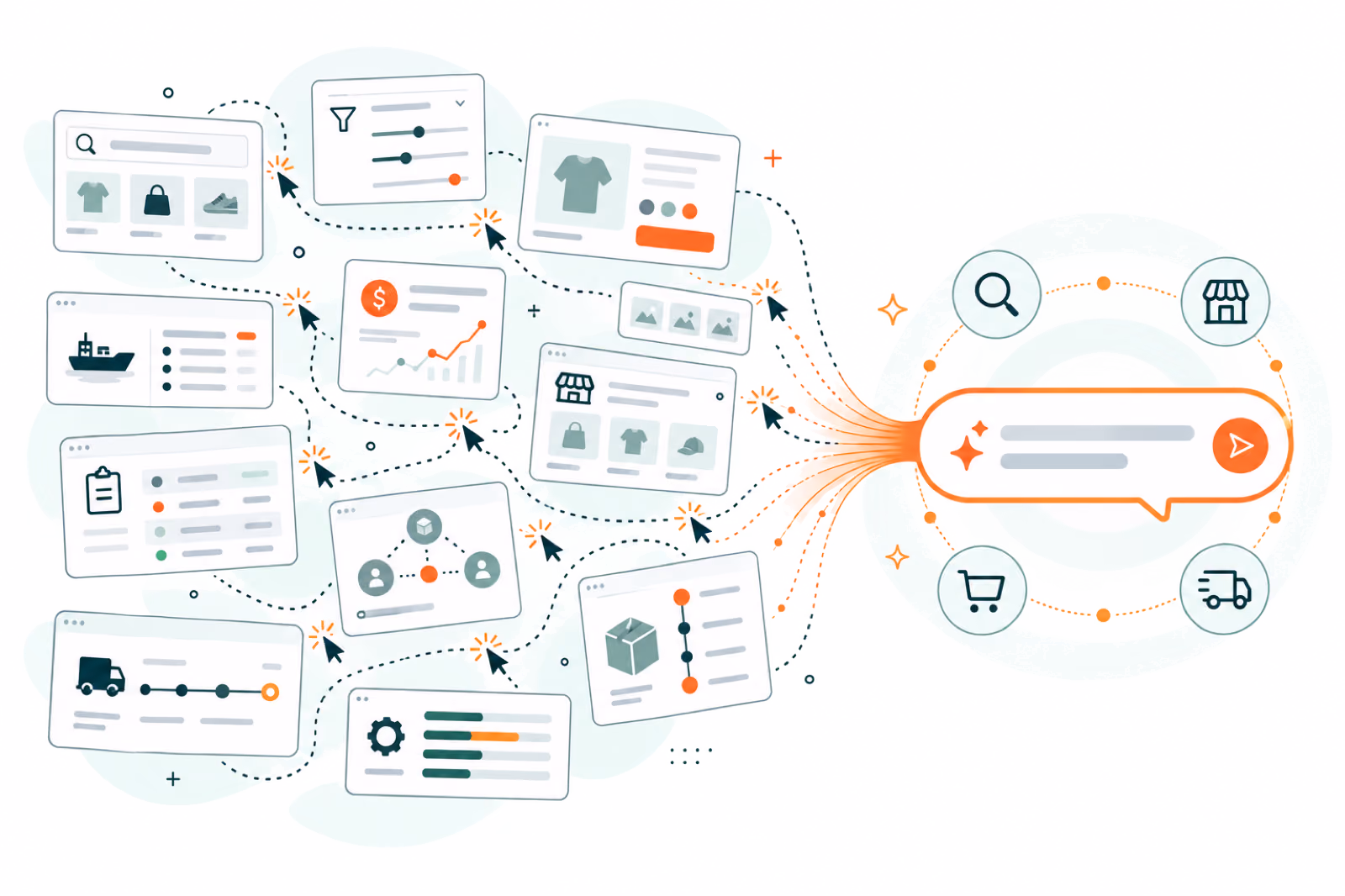 Illustration of AI assistants connected to DSers MCP tools
